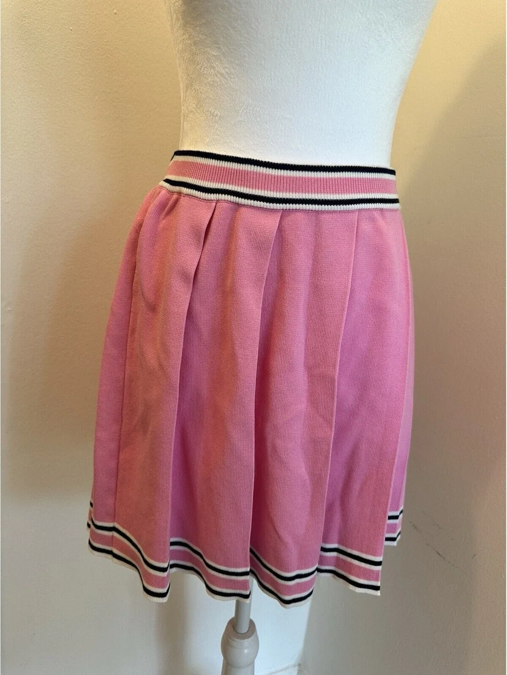 Daisy Pink Pleated Knit Skirt Large Stripe Waist Mini Tennis Preppy Schoolgirl